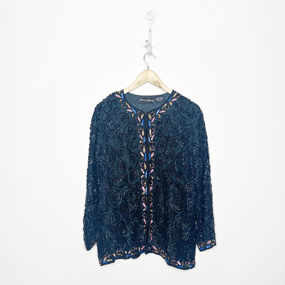 Vintage 80's JEWEL QUEEN beaded jacket womens L black 100% silk sequined